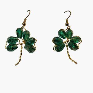 St Patricks Day Green Crystal Shamrock Clover Drop Earrings Gold Tone Wire Wrap